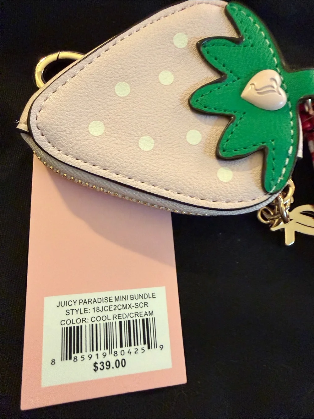 Juicy Couture Red & Pink Stripe Key/Card Holder with Strawberry Charm